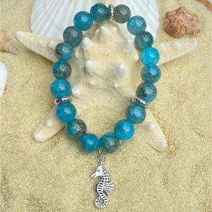 Beaded bracelet - aqua and silver tone with seahorse charm